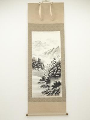 秀峰筆　水墨山水　肉筆絹本掛軸（共箱）